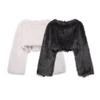 Eco-Friendly Faux Fur Short Coat Women Winter Streetwear Round Neck Long Sleeve Outerwear In Beige Black
