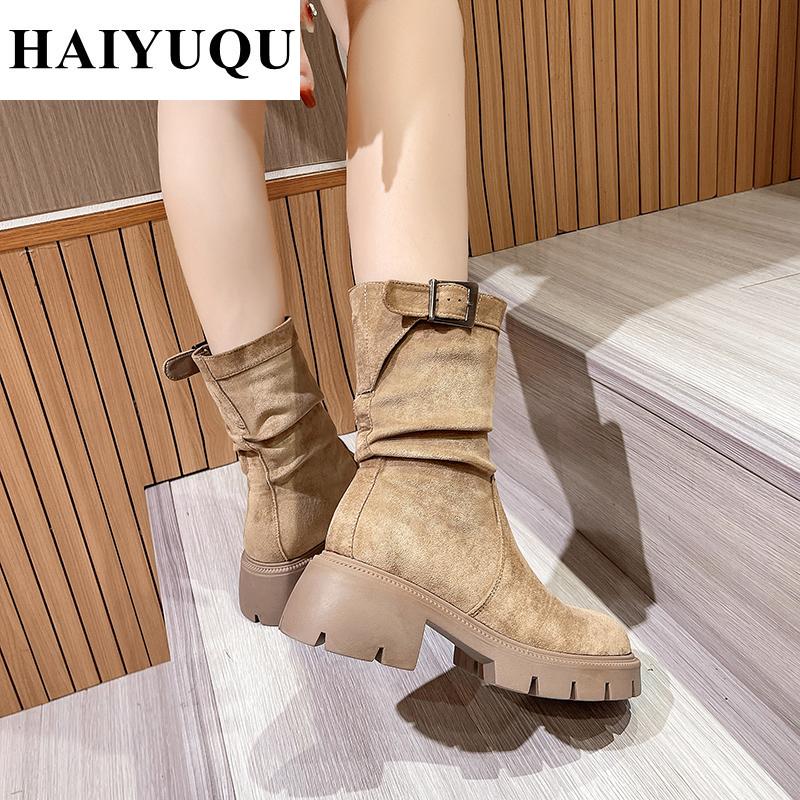 Women Platform High Heels Ankle Boots Suede Chelsea Shoes Brand Designer  Trend New Chunky Retro Snow Goth Pumps Botas Mujer