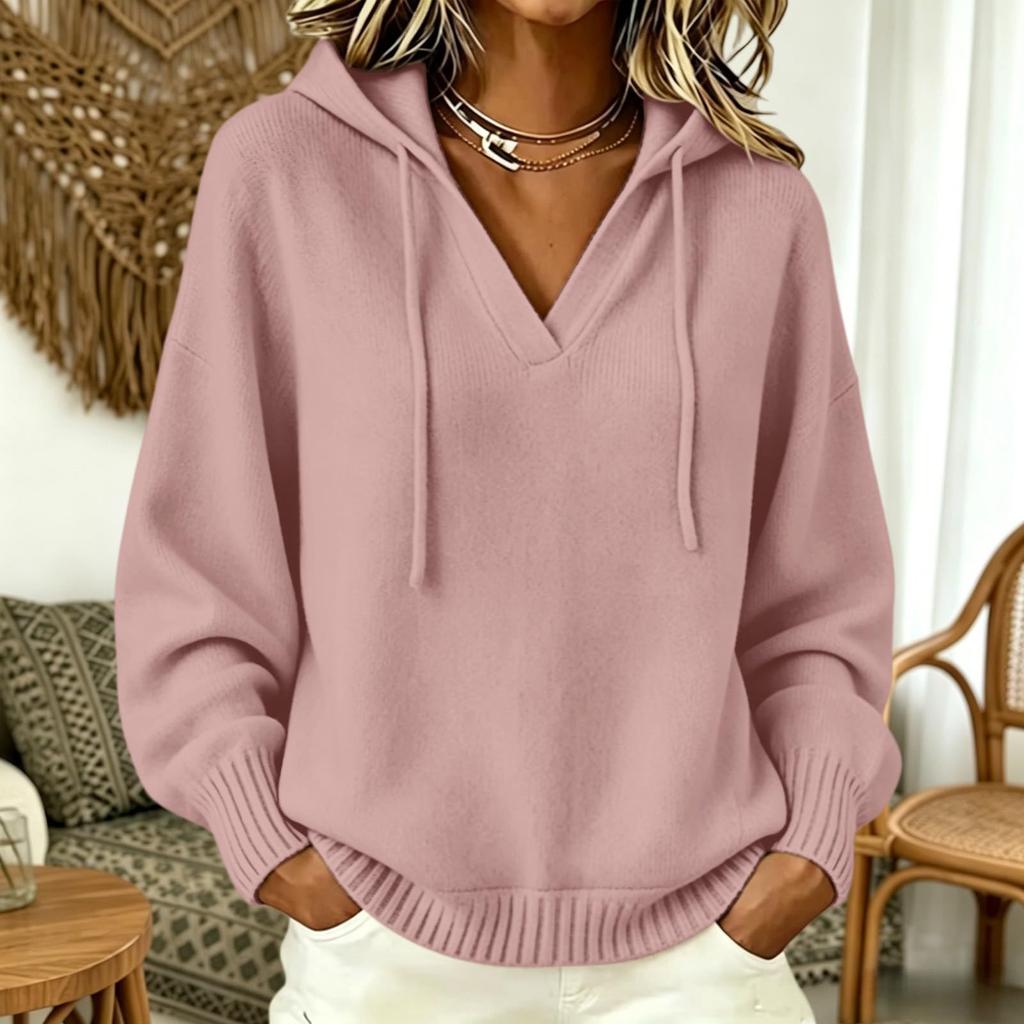 Damen Freizeit V-Ausschnitt Kapuzen Strickpullover Langarm Pullover Top
