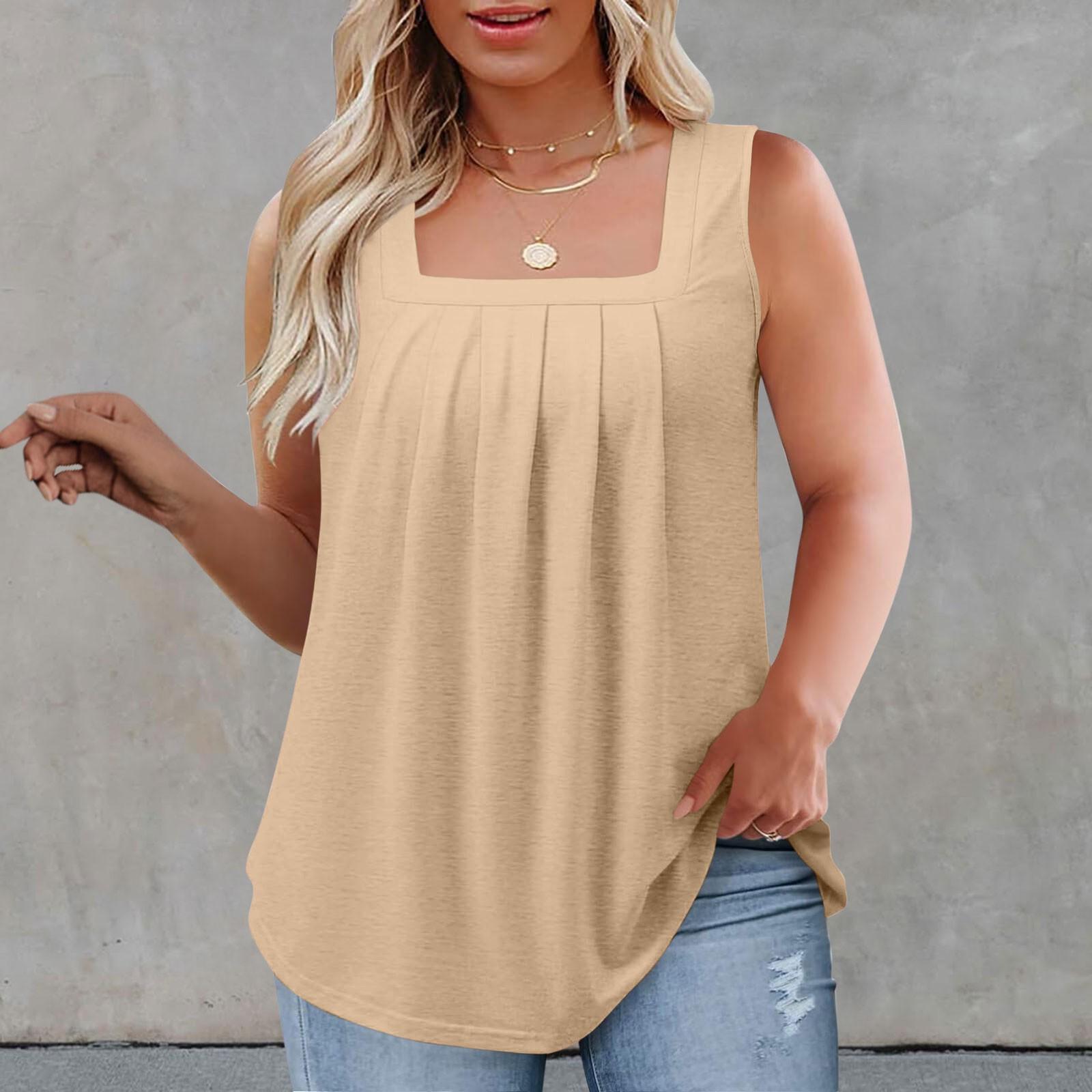 

Женский однотонный топ с квадратным вырезом, плиссированный жилет без рукавов XXL бежевый