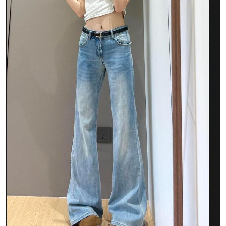 Spring Summer Women Jeans High Waist Slim Fit Vintage Flare Pants Simple Distressed Denim Trousers