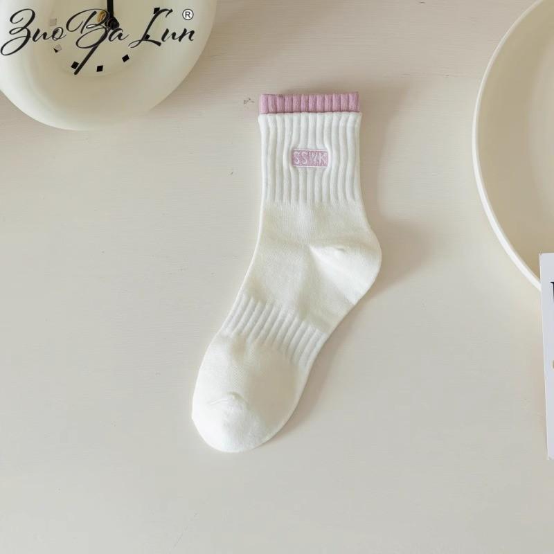 

Белые носки с двойными манжетами Женские осенне-зимние новые носки средней длины Хлопковые носки Дышащие носки с надписями Спортивные женские носки One size розовый