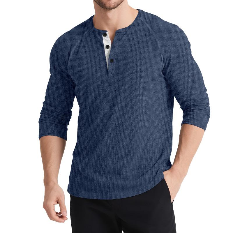 Men's Autumn and Winter Long-sleeved Henley Shirt Retro T-shirt Three-button Color Matching Sweater