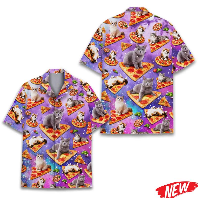 Lustiges Pizza-Katzenmuster Hawaiianisches Hemd für Herren 3D-bedruckte Tierhemden Sommer Strand Lässig Kurzarm Street Reversbluse