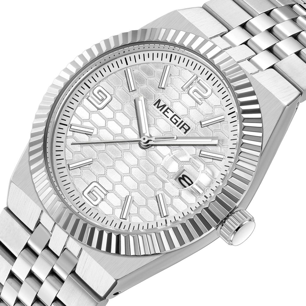 Megir Large Dial Business Leisure Watch Stainless Steel Waterproof Luminous Man Wristwatch Clock Auto Date Gift for Men Reloj Hombre 1101