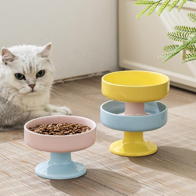 Ceramic Color-Blocked Pet Bowl Elevated Cat Bowl Protects Cervical Vertebrae Pet Supplies