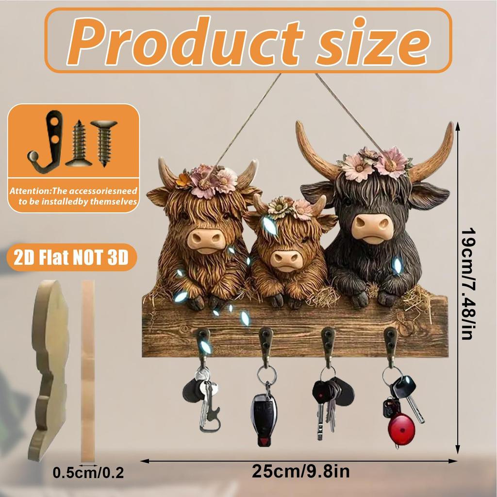 Schlüsselhalter Wandmontage Kuh Design Holz 4 Haken Organizer Dekorativ Rustikal Eingangsbereich Schlüsselhalter Für Hut Mantel Tasche Rucksack Geldbörse