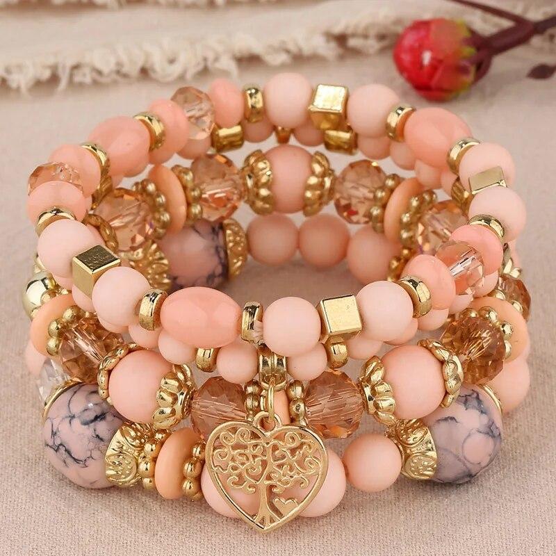 Bohemian Heart Tree Charm Bead Bracelets Set New Statement Multilayered Bracelets Pendant Charm Stretch Bangles Female Jewelry