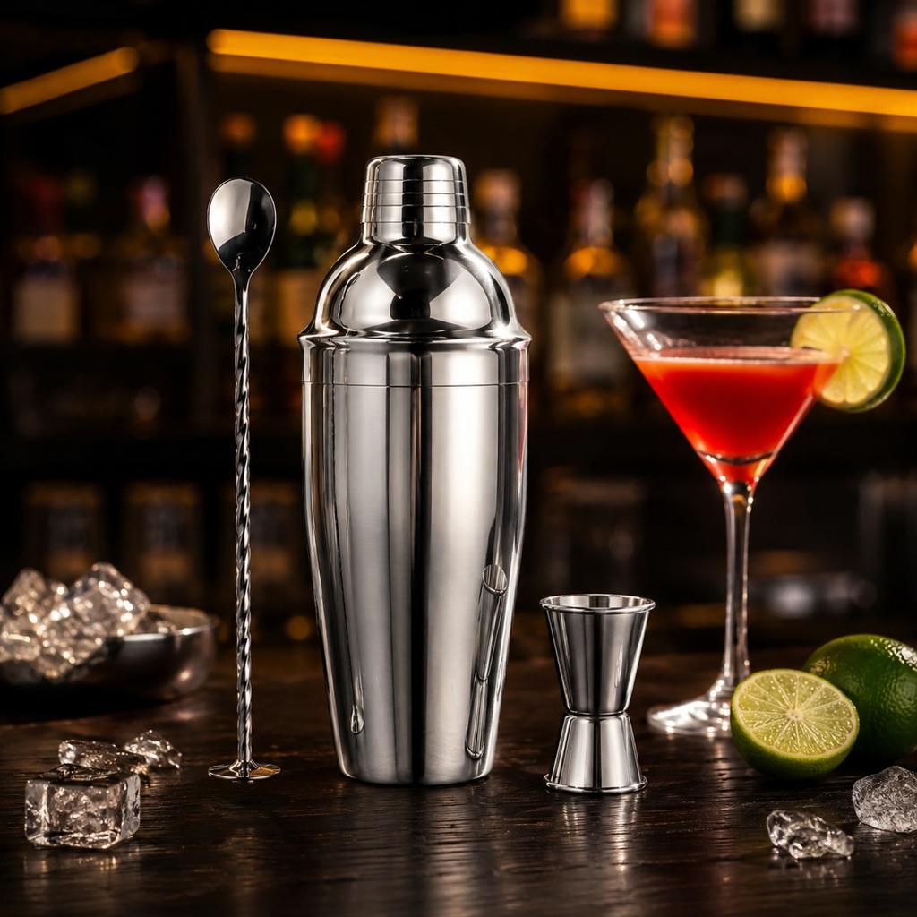 Stainless Steel Cocktail Shaker Set Three Piece Bar Tool Kit for Home Use Professional Bartender Accessories with Strainer and Cap