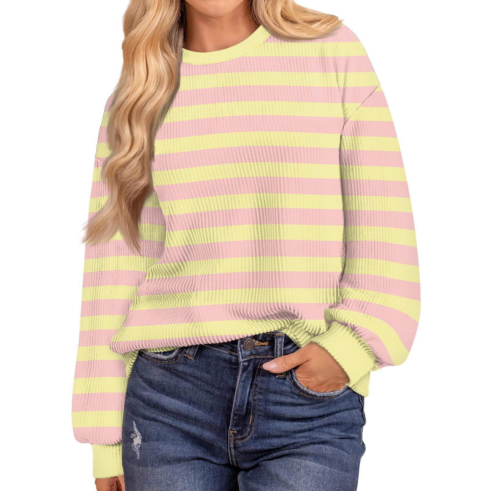 

Женские повседневные свободные туники, топы с круглым вырезом, трикотажные ребристые рубашки с принтом, длинный рукав, пуловер, топ XL жёлтый