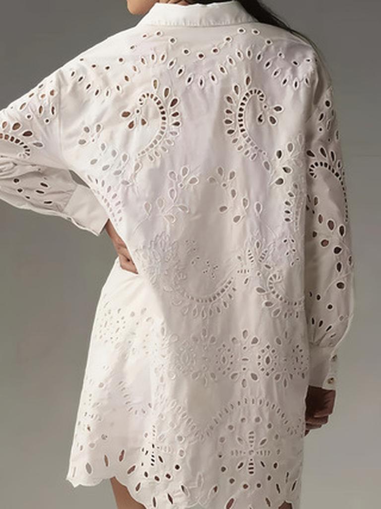 Spring Summer Casual Daily Solid Hollowed Out Button-Down Shirt