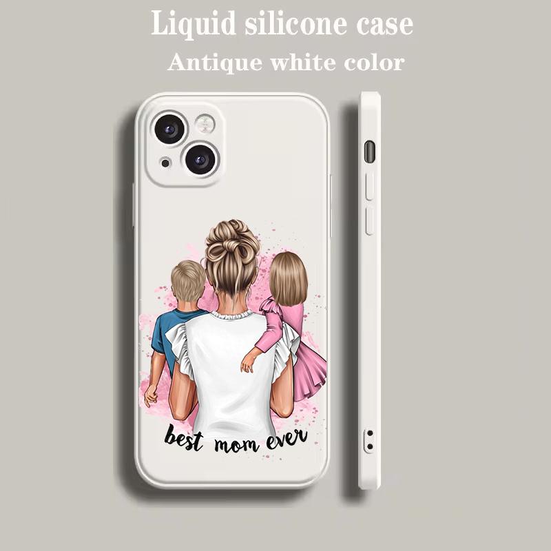 Luxus Farb-Handyhülle Für iPhone 15 14 13 12 mini 11 Pro Max XS X XR SE 7 8 Plus Silikon Beige Hülle Baby Mädchen Mutter Familie