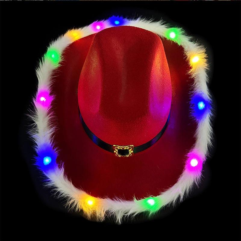 New Fashion Santa Claus Christmas Luminous Cowboy Hat Dance Costume Glowing Cowgirl Cap For Xmas Neon NightClub hat props