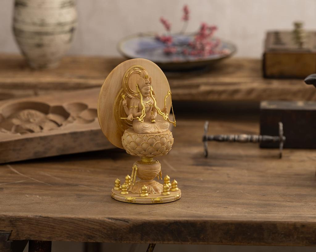 Drobná zlatá hliněná dřevěná ozdoba Buddha Aizen Myoo Aizen Myoo 11,6 cm (Dřevěný buxus, povrchová úprava)Socha Buddhy, postava, řezba, (GSB