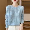 Women's Thick Wool Knit Cardigan - Solid Color, Crochet Hollow Design, Round Neck for Autumn and Winter