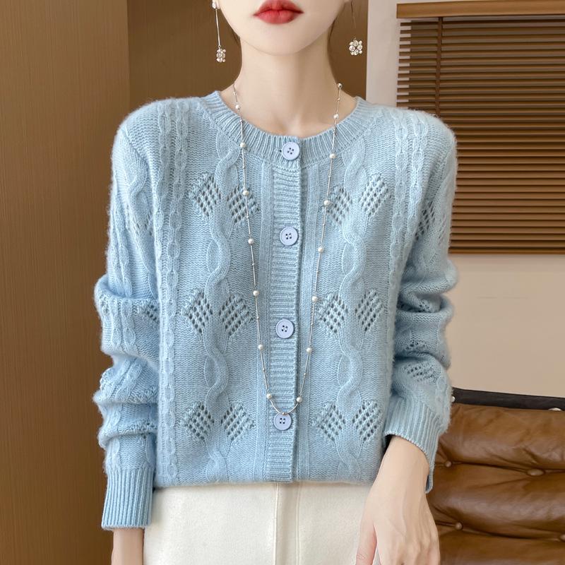 Women's Thick Wool Knit Cardigan - Solid Color, Crochet Hollow Design, Round Neck for Autumn and Winter