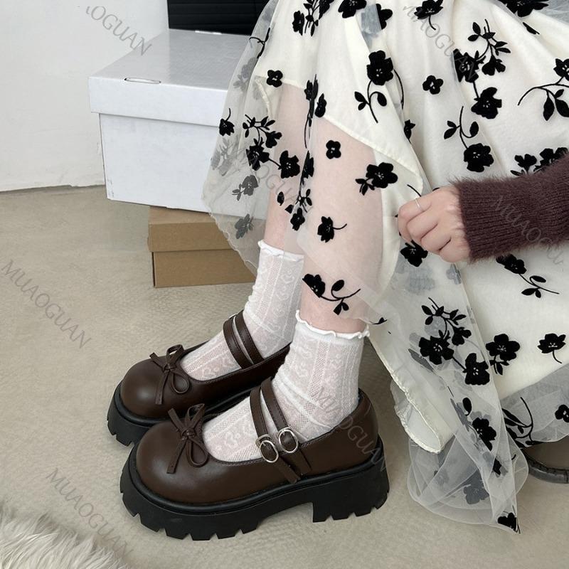 Fashion Bow Retro Versatile Shallow Mouth Single Shoes Spring Autumn Brown Round Head Pumps Comfortable Thick Bottom Loafers for Women