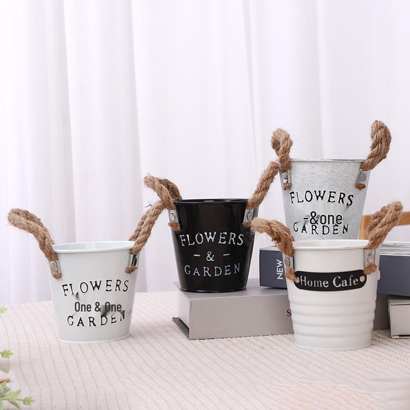 Tin Flower Pot with Hemp Rope Succulent Holder - European Pastoral Wrought Iron Bucket