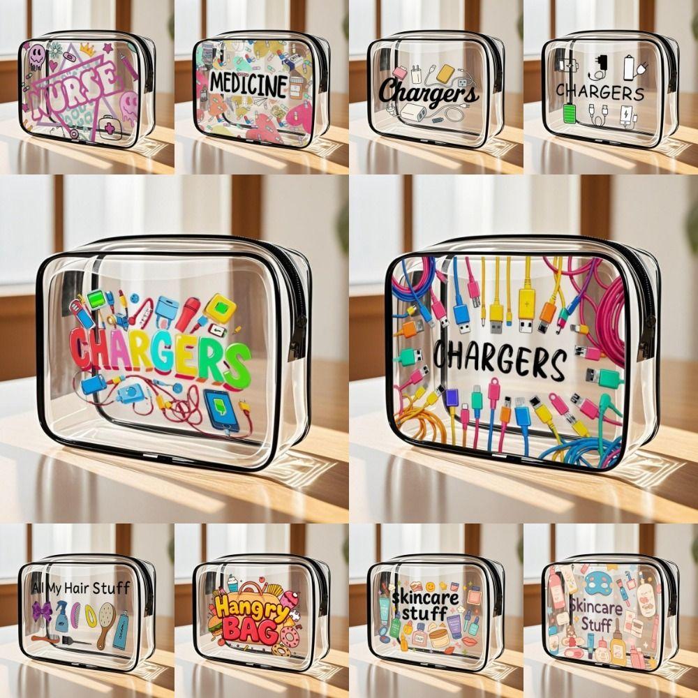 Portable Transparent Toiletry Handbag Waterproof Single-Sided Print Cosmetic Pouch PVC Zipper USB Storage Bag Travel Use