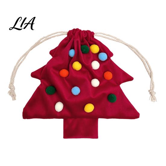 Reusable Xmas Tree Decorations Christmas Drawstring Gift Bag, Plush Pom Bell Hanging Velvet Bags for Candy Ornament, Pouch Decor Holiday Door