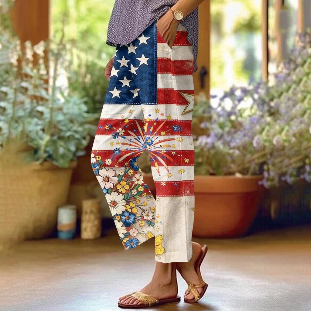 Dámské ležérní módní potištěné kalhoty s rovnými nohavicemi s kapsami