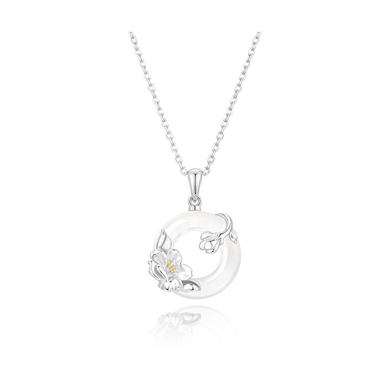 Camellia Ping'an Kou S925 Silver Chalcedony Pendant Necklace for Women - Elegant High-End Design