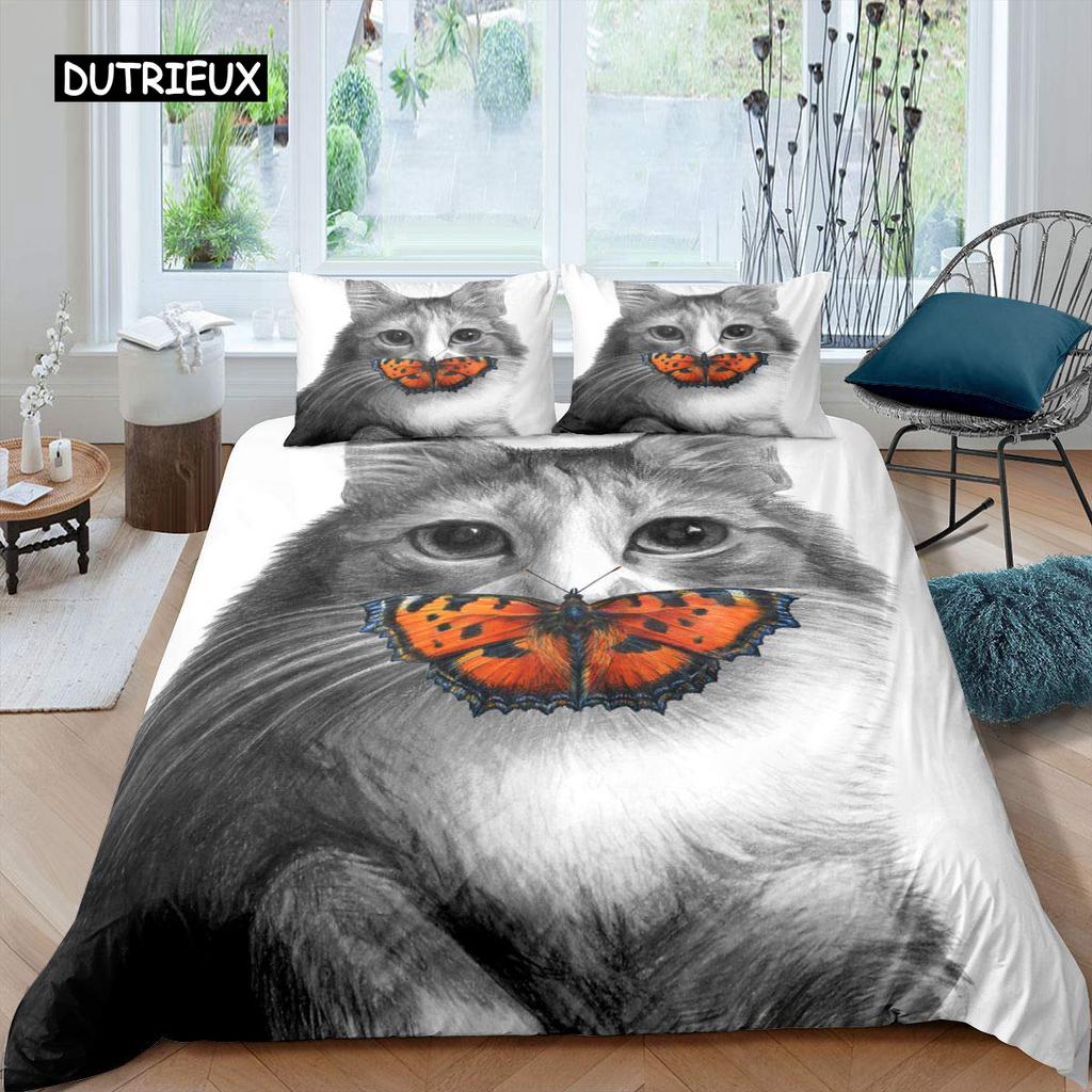White Cat Flower King Queen Duvet Cover Kitten Bedding Set Pet Animal Polyester Quilt Cover Girls Pink Floral Comforter Cover