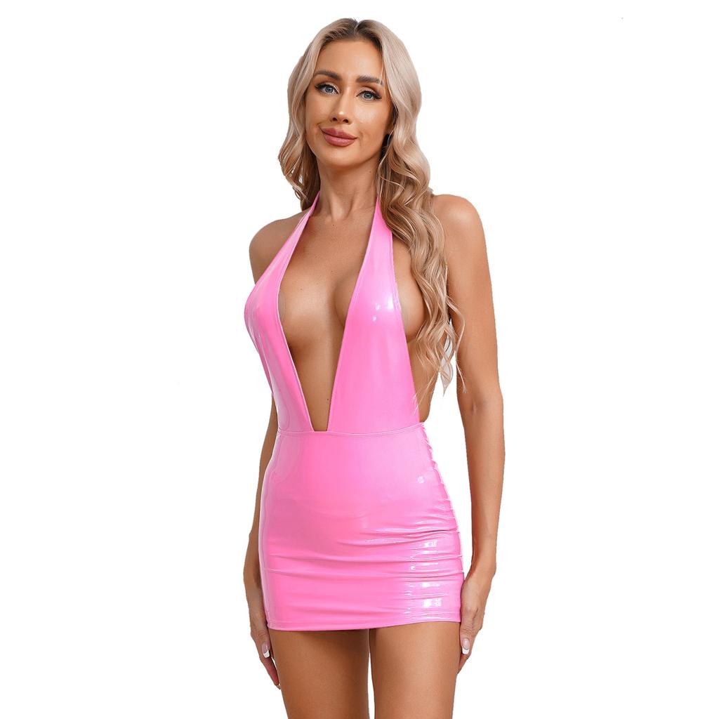 Damen, figurbetonte Kleider, Kunstleder, Wetlook, Party-Minikleider, Neckholder, rückenfrei, Clubwear-Kleid