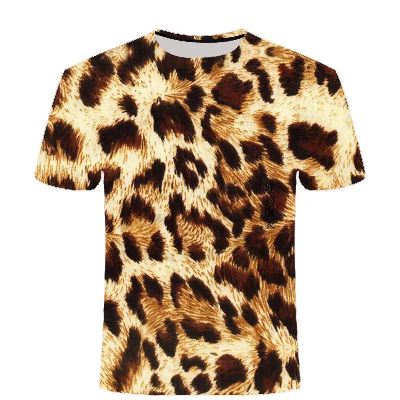 Leopard Printing T-shirt Contrasting Stripes Fleck O-neck T Shirt For Men And Women's Summer Fashion Comfortable Top