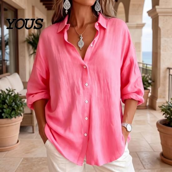 Casual Long Sleeve Tops Women Button Front Shirt, Turndown Collar Blouse, Relaxed Fit Solid Color Drop Shoulder Fall Top for Daily Wear