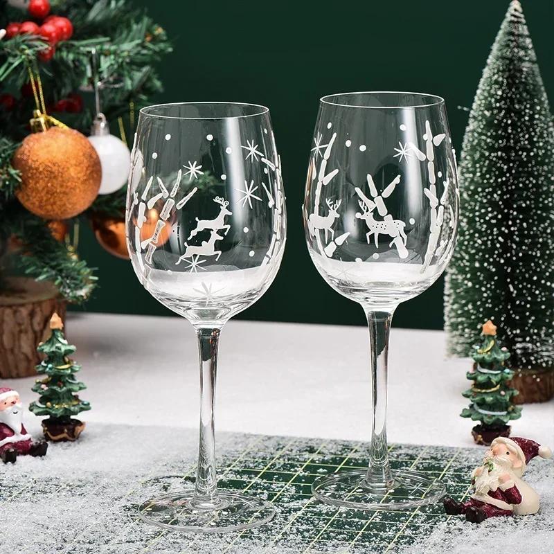 1pcs/2pcs Christmas Series Crystal Red Wine Glasses Colored Pattern High Legged Cup Christmas Party Wine Glass Decorations