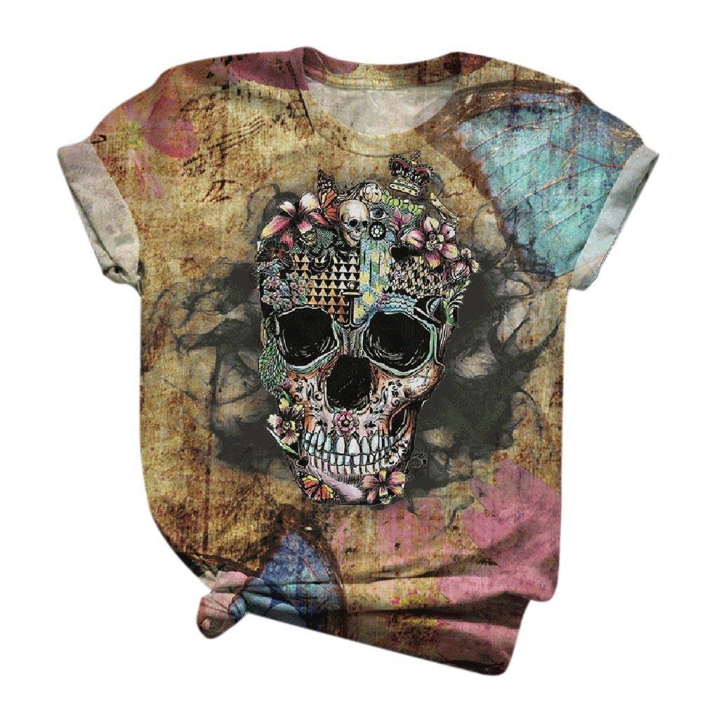 Summer Round Neck 3D Skull Print Top Fashionable Casual Short Sleeved Women's T-shirts
