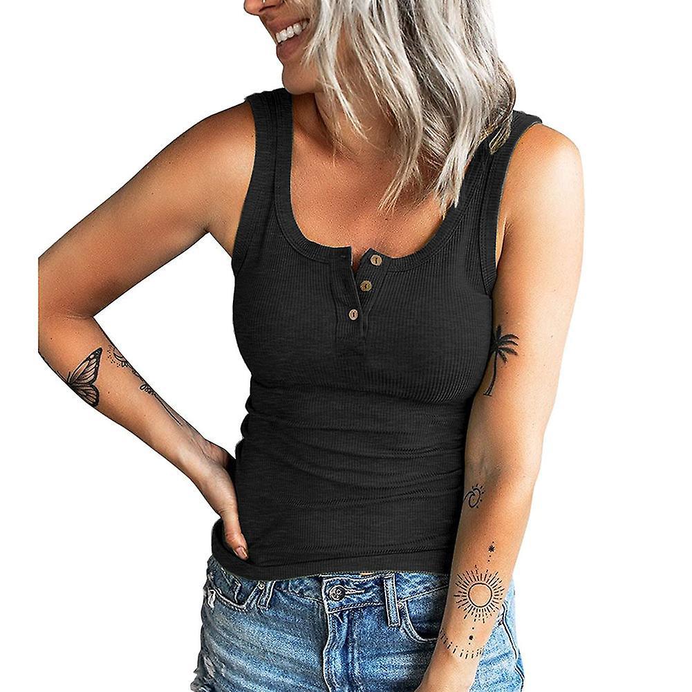 Women's Summer Ribbed Tank Tops Sleeveless Button T-Shirt Casual Vest Shirts