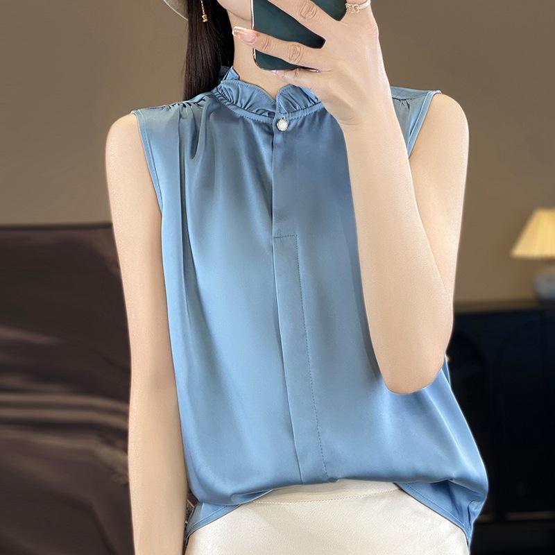 Women's Spring and Summer Temperament Thin Sleeveless Vest Solid Color Silky Commuter Tops