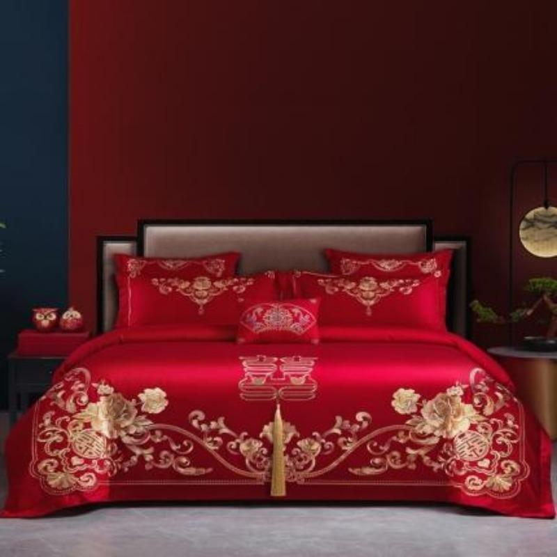 New Chinese style big red embroidery wedding quilt cover polished wedding room bedding wedding four-piece multi-piece set
