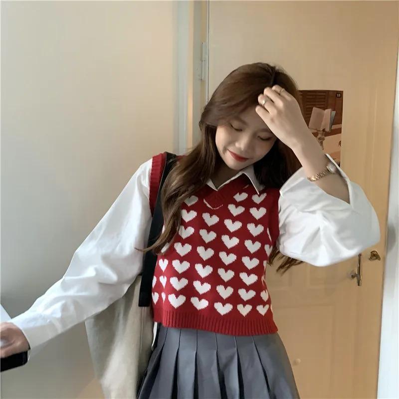 

Y2k Женский жилет Сердце Лоскутное V-образный вырез Пуловер Женская одежда Корейская мода Студент Безрукавный женский свитер XL красный