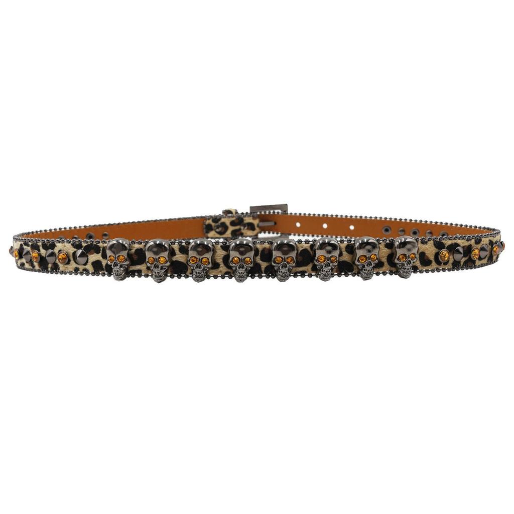 Leopard Print Women's Belt with Skull Design and Rhinestone Pin Buckle - Hip Hop Nightclub Style
