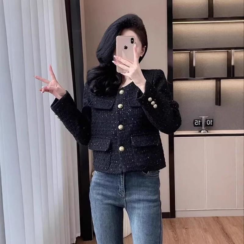 2026 Womens Short Tweed Blazer With Sequins Chic French Style Cropped Jacket Petite Figures