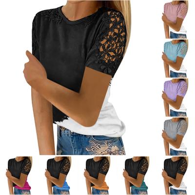 Damenmode-T-Shirt-Oberteil mit Spitze, hohlen Nähten, Rundhalsausschnitt und kurzen Ärmeln