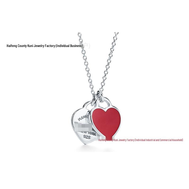 T-brand 18K Gold-Plated Double Heart Pendant Necklace with 925 Sterling Silver and Epoxy Enamel