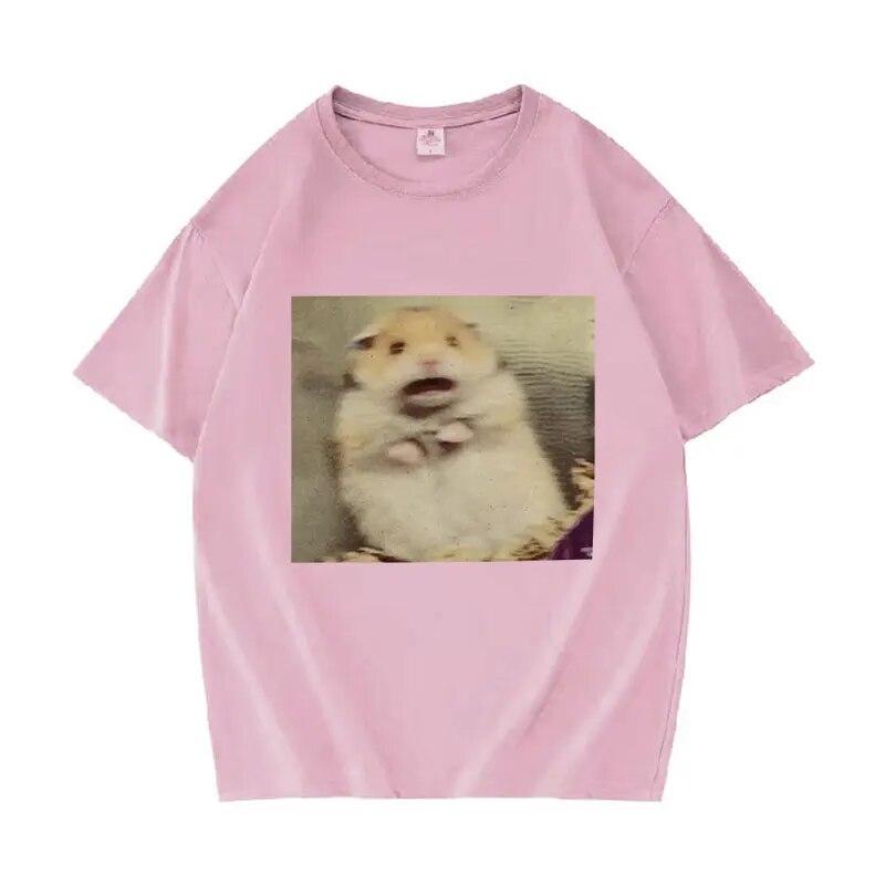 Funny Scared Hamster Meme Graphic T-Shirt Unisex Women O-Neck Fashion Short Sleeve T Shirt Retro Clothing Oversized Cotton T-shirts