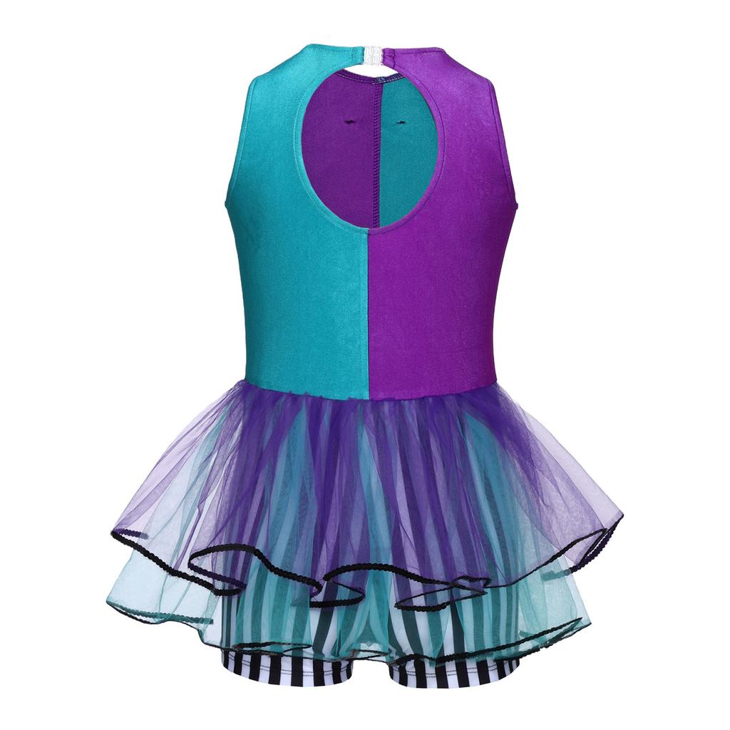 Girls Mad Costume: Sleeveless Stripes Checkerboard Bow Knot Tutu Bodysuit for Fairytale Tea Party Dress Up