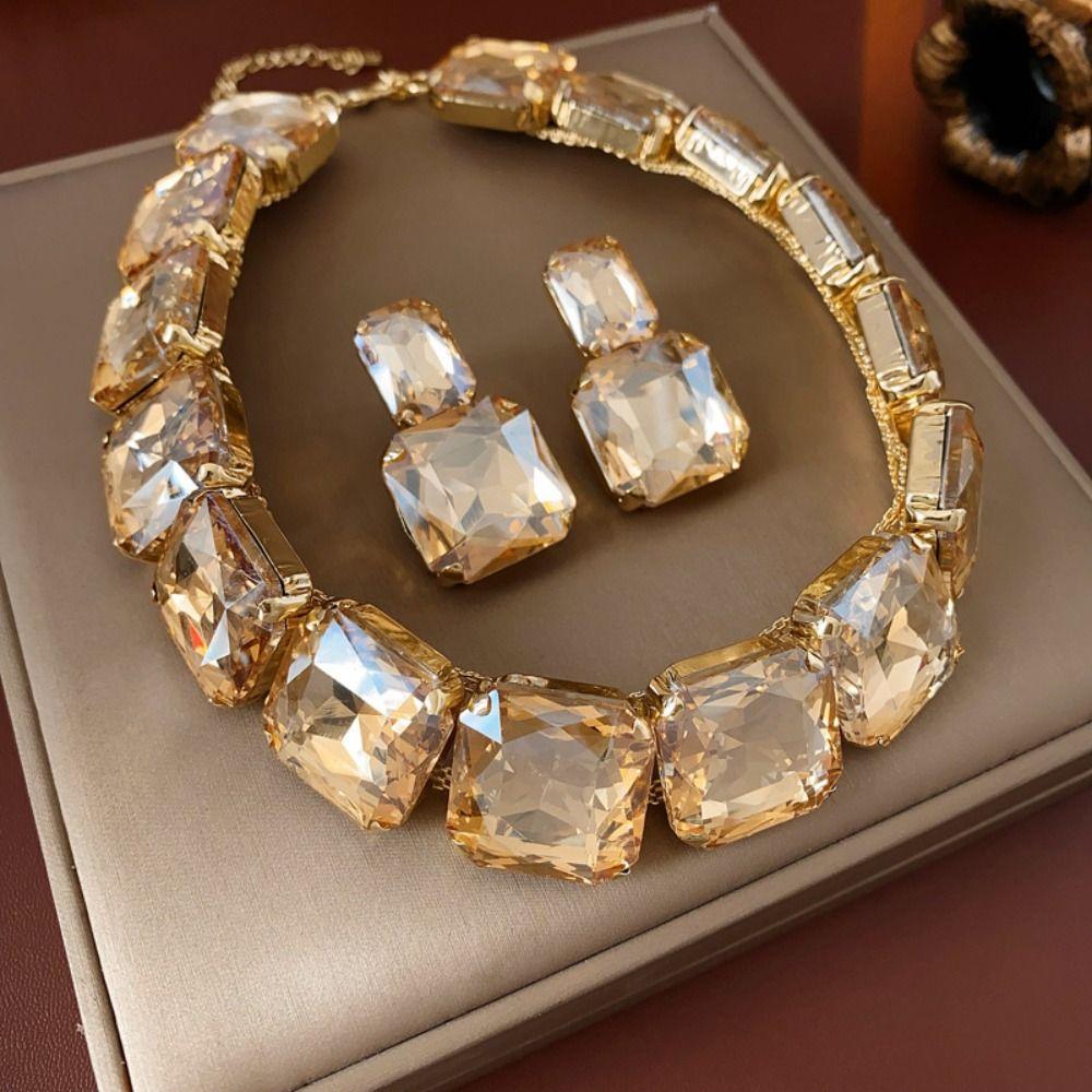 

Korean Style Square Crystal Jewelry Set Headchain Sparkling Necklace Wedding срібний