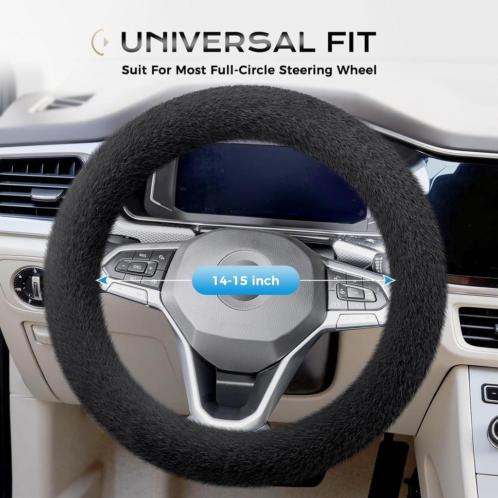 Coverado Winter Fluffy Steering Wheel Cover, Upgraded Anti-Slip Fuzzy Furry Car Steering Wheel Cover, Universal 14-15 inch, Soft Plush, Warm, No
