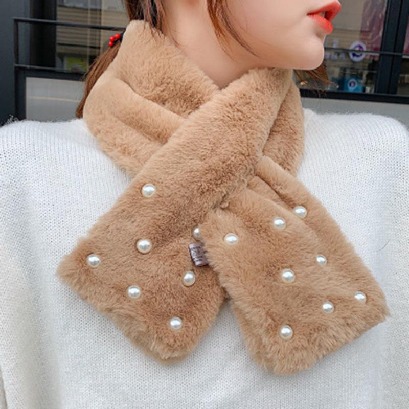 Korean Cute Faux Rex Rabbit Fur Warm Scarf Winter Female Thicken Double-Sided Plush Narrow Cross Neck Guard Pearl Scarves O69