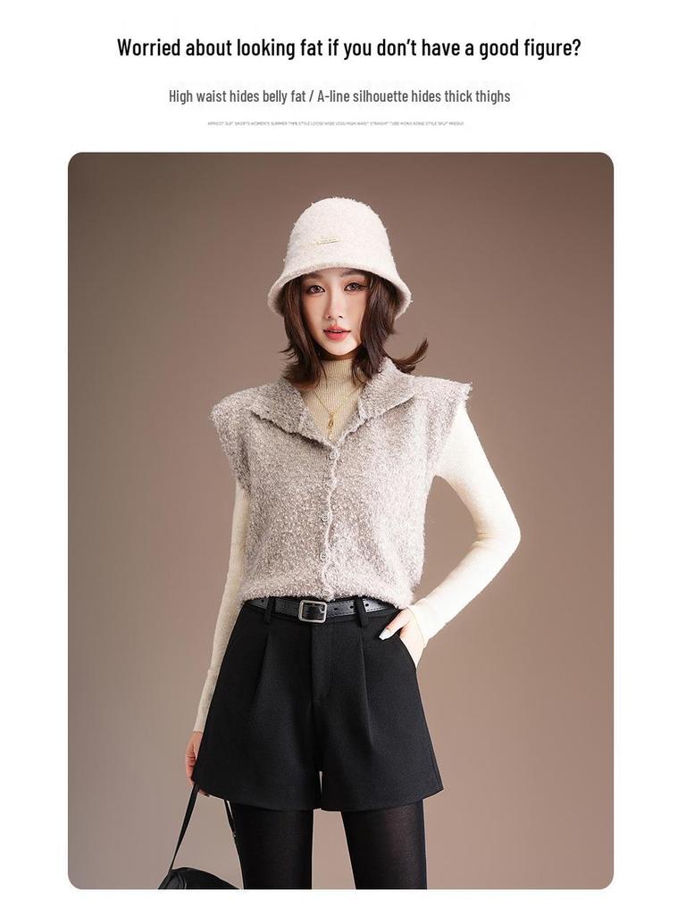 Plus Size Women's High Waist A-Line Woolen Shorts - Autumn & Winter, Loose Wide Leg, Bootcut, Slimming Fit