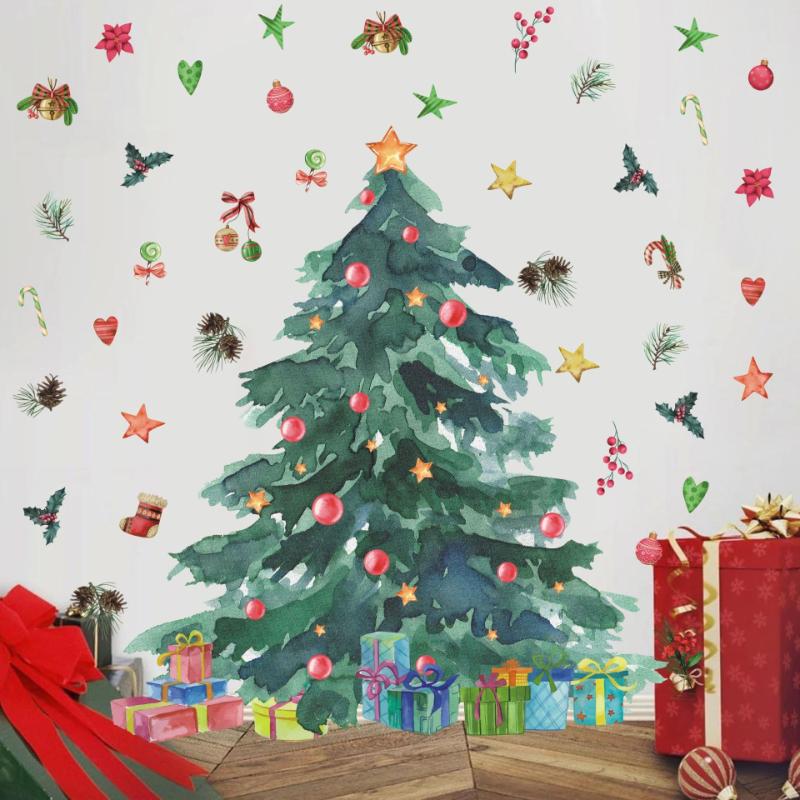 

Christmas Wall Sticker Living Room Wall Background Decoration Self-adhesive Christmas Tree Watercolor Gift Bell Sticker PVC