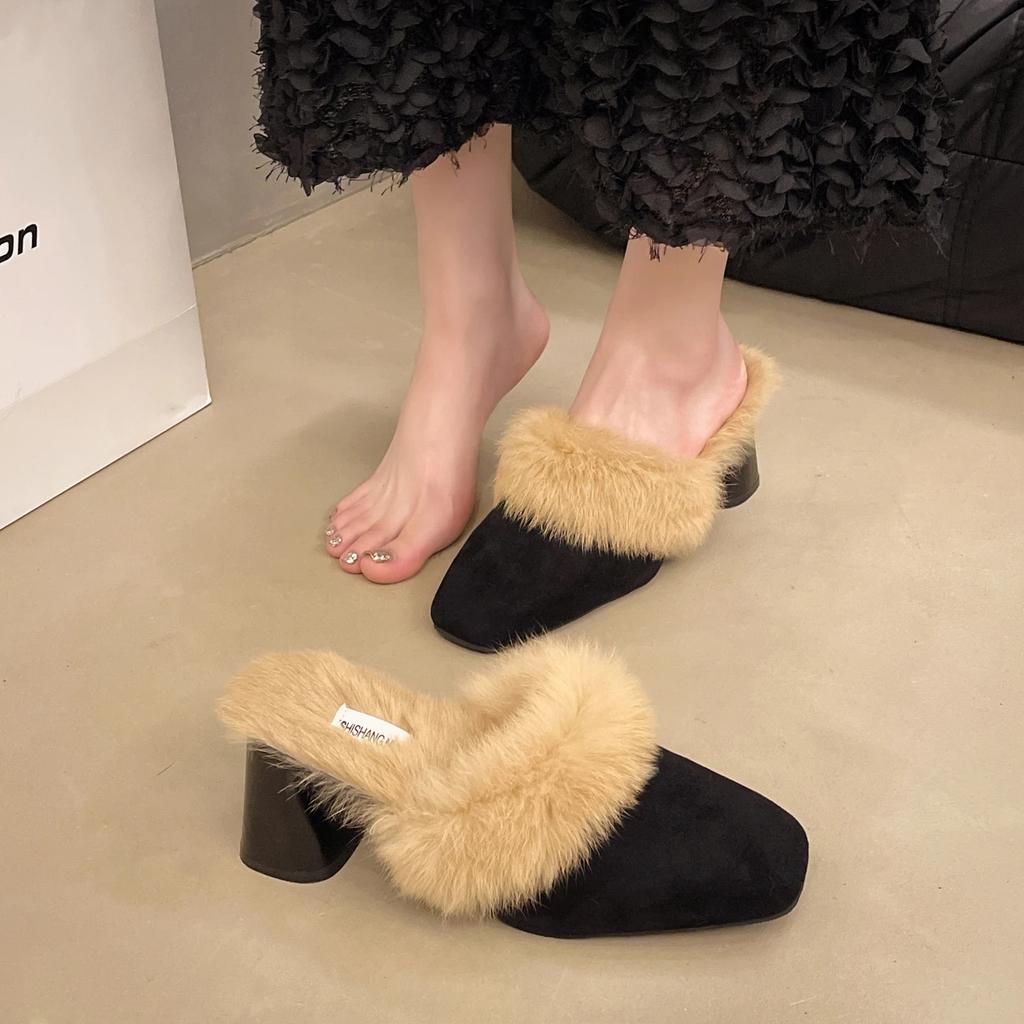 Fashion Home Furry Fur Slides Plush Slippers Fluffy Flip Flops Luxury High-heeled Shoes Women Fashion Shoe 2025 Zapato De Mujer Designer