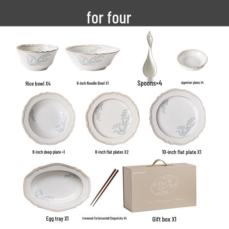 French Retro Lily of the Valley Tableware Set: Ceramic Dinner Plates, Rice Bowls, Steamed Fish Plates, and Household Dish Set.