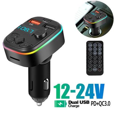 Car Bluetooth 5.0 FM Transmitter with Ambient Light Handsfree Car Kit PD 20W Dual USB 3.4A U Disk/TF Card Mp3 Player Fast Charger Cigarette Lighter